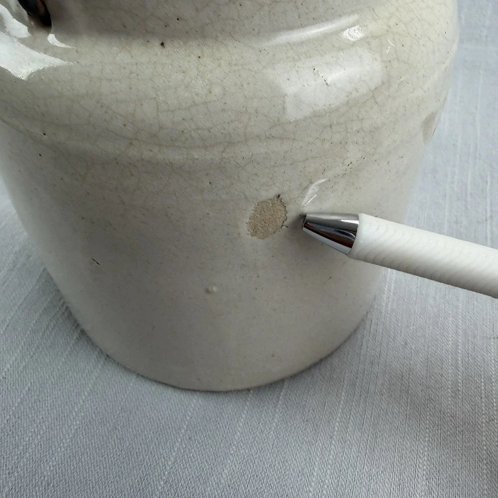 Vintage April Fool Stoneware Crock Jar with Lid & Wire Bail Handle Off-White